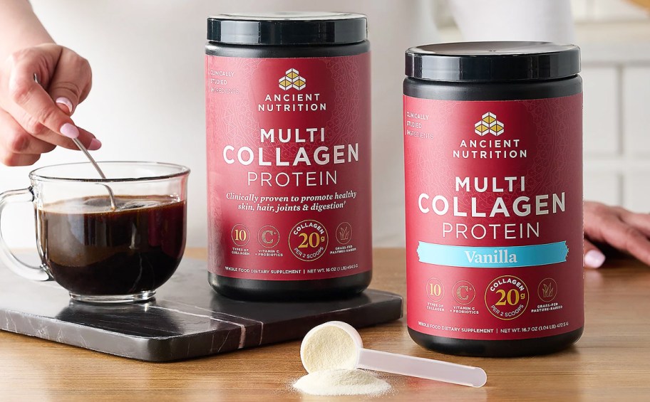 two jars of Ancient Nutrition Multi Collagen Protein near person stirring cup of coffee
