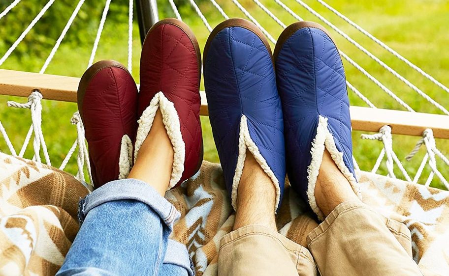two people wearing red and blue bootie slippers