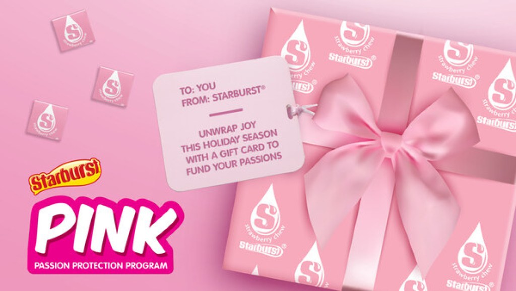 pink starburst with a gift tag