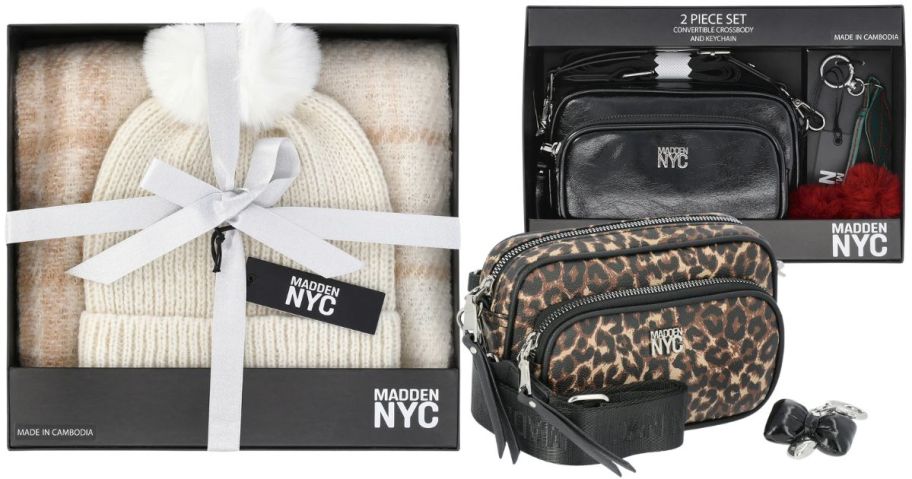 A white hat and scarf gift set in a box with a silver ribbon and a purse gift set