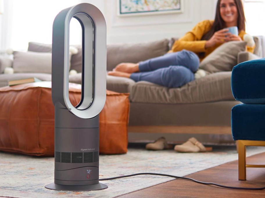 gray bladeless dyson fan in living room