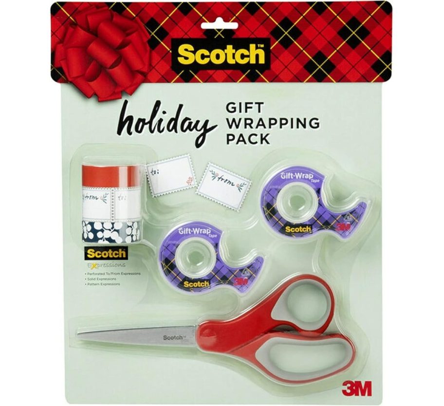 holiday gift wrap kit with scissors tape rolls, washi tape and gift tags