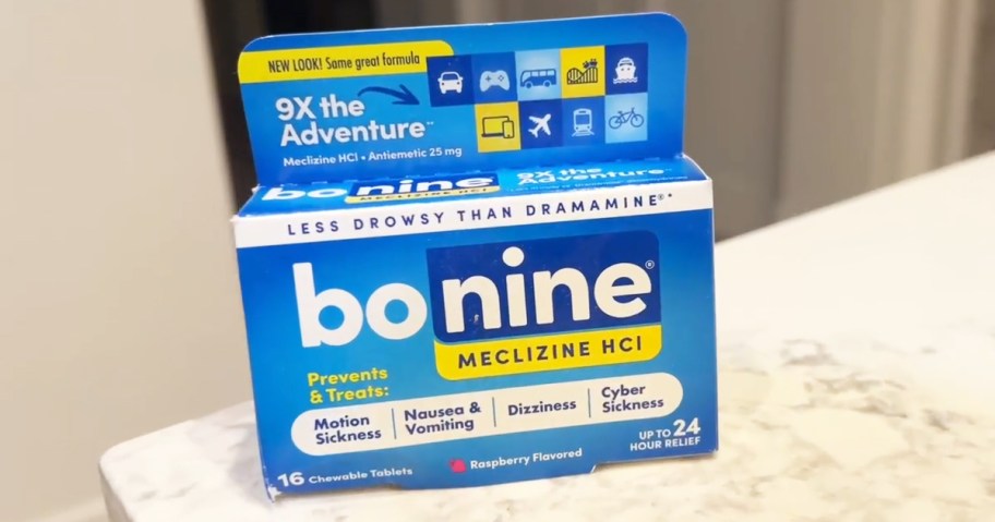 blue box of Bonine Motion Sickness Relief Chewable Tablets on counter