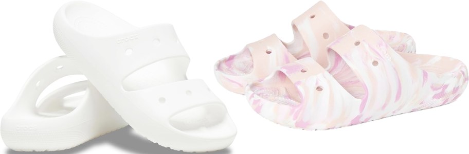 white and pink pairs of crocs sandals