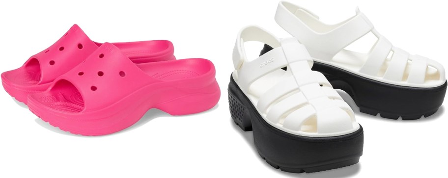 pink and white pairs of platform sandals