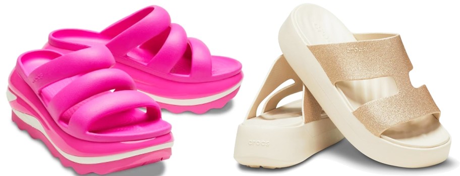 pink and gold pairs of platform sandals