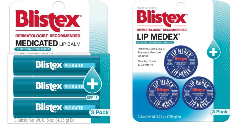 a 3 pack of Blistex Lip Balm and a 3 pack of Blistex Lip Medex balms