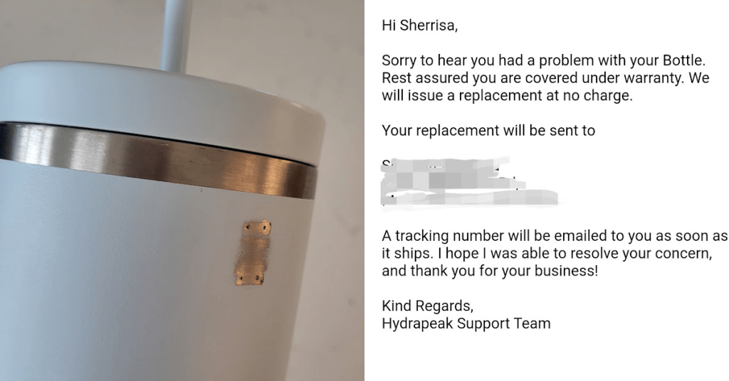 A broken Hydrapeak tumbler next to the customer service letter from the company