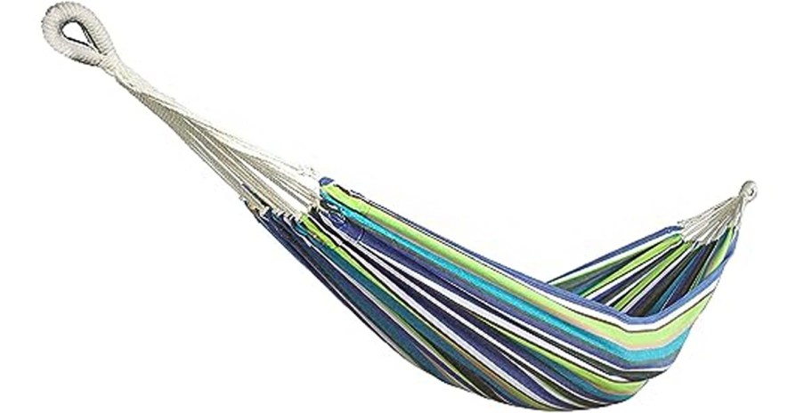 green blue and white striped fabric hammock