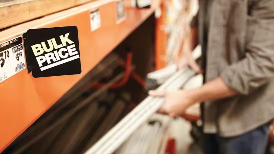 close up of bulk price sign on home improvement store shelf