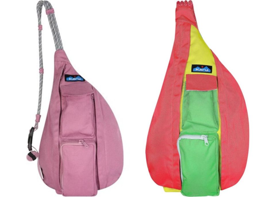 a pink and an orange, yellow, and green kavu bag
