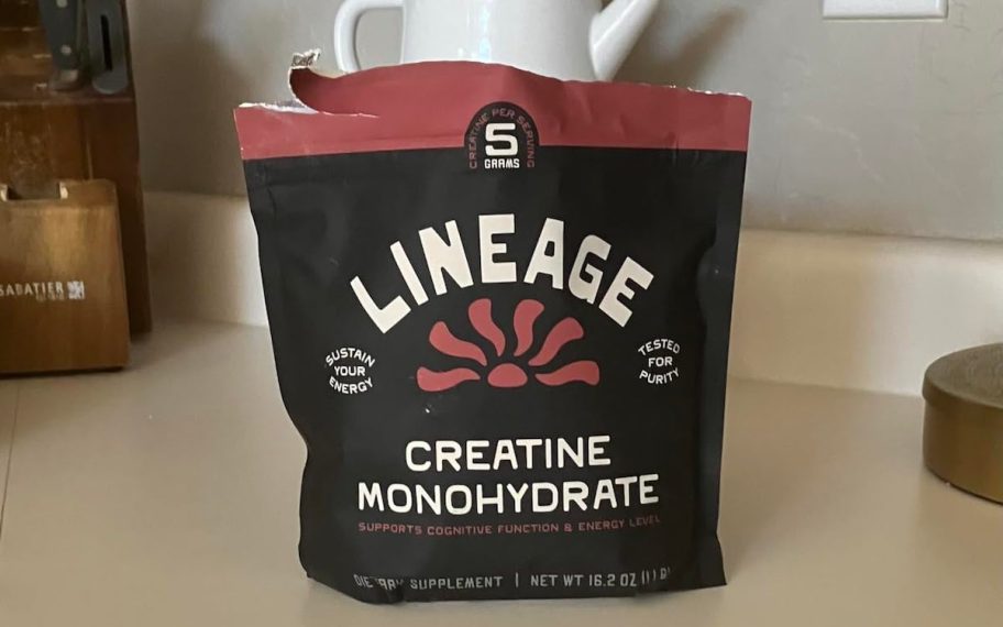 lineage creatine bag on kitchen counter