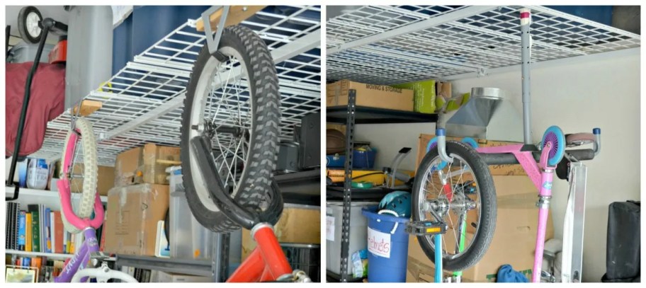 bikes hanging from utility hooks in garage