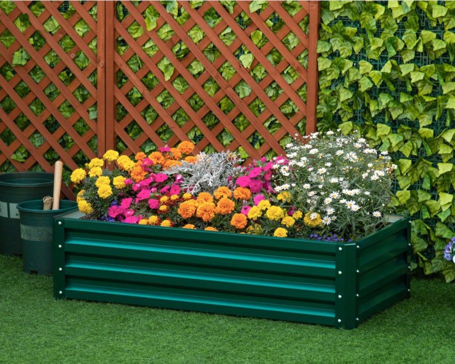 green planter box with colorful flowers