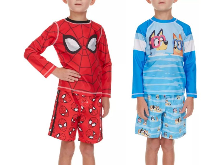 2 boys wearing Spiderman and Bluey swim suits