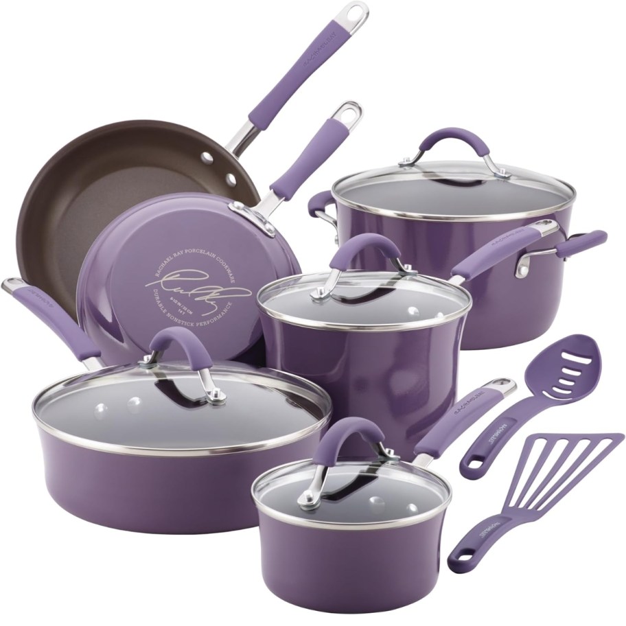 a purple set of cookware