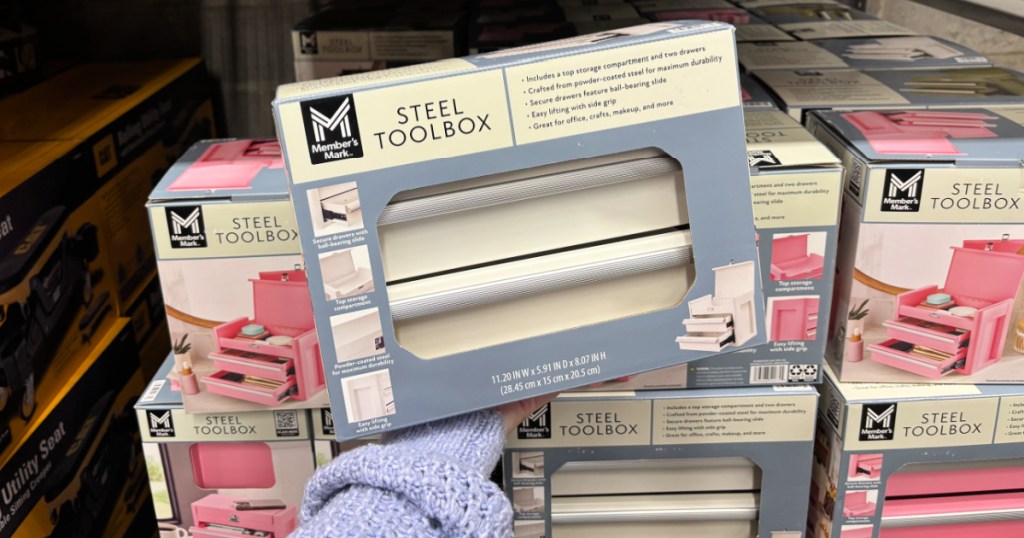 Person holding white colored members, Mark steel mini toolbox while standing in warehouse aisle