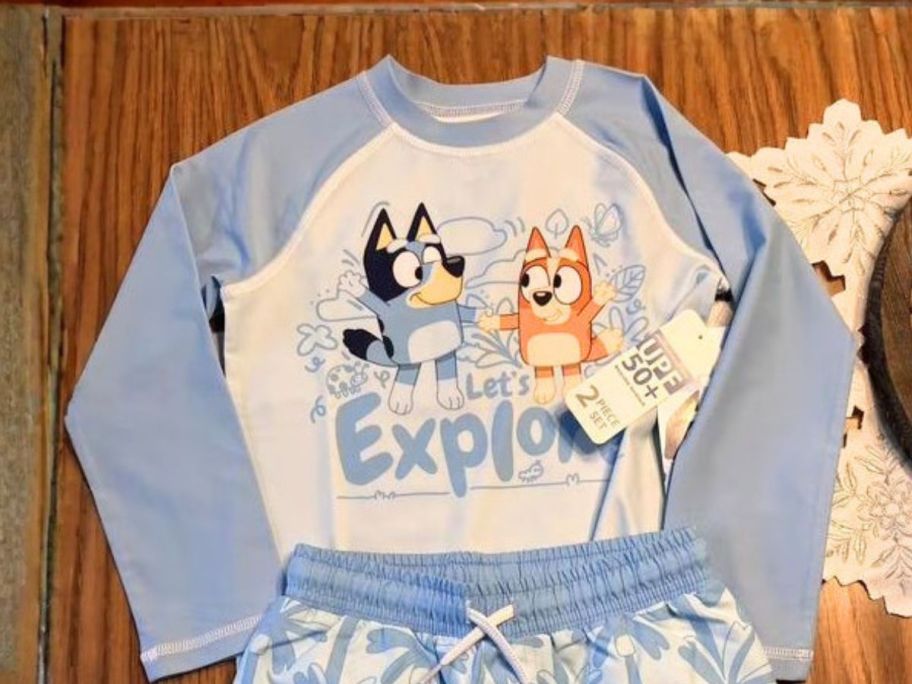 bluey Dreamwave Apparel Character Boys 2-Piece Swimwear Set on table