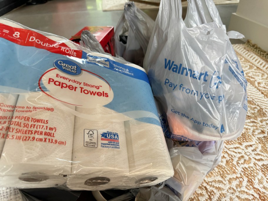 Great Value Paper Towels with walmart grocery bags 