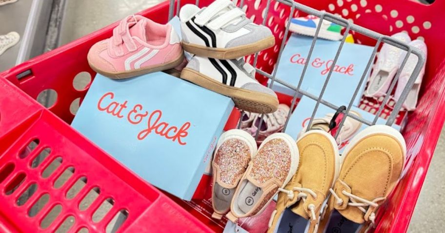 a Target cart with kids Cat & Jack shoes