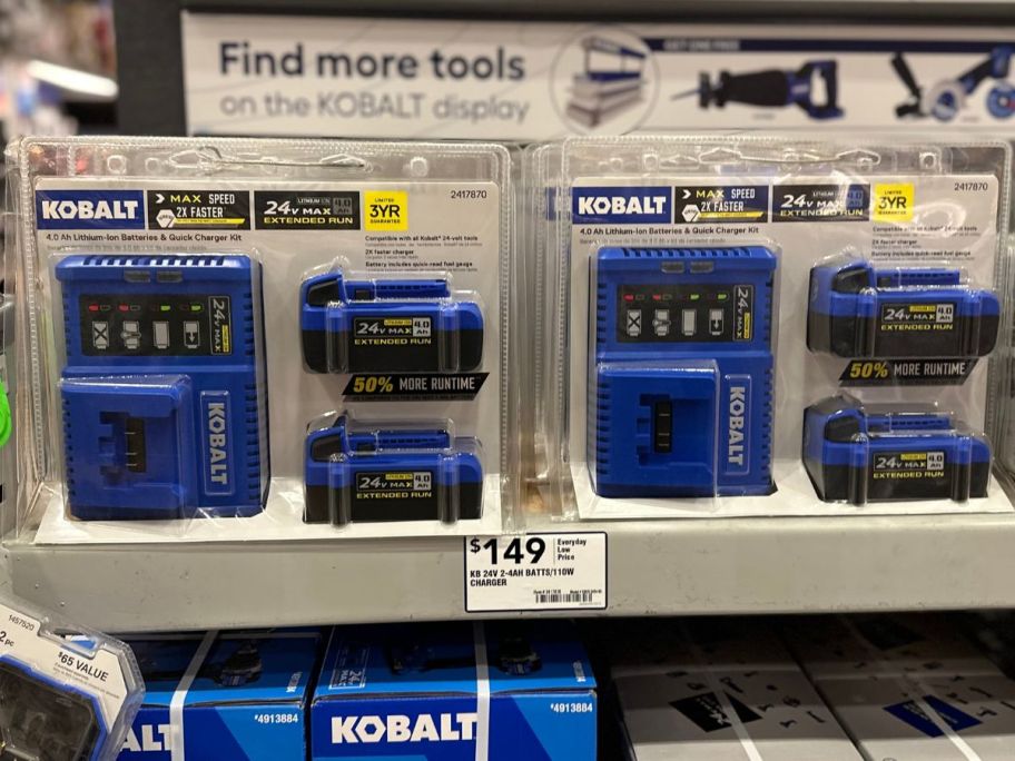 packs of Kobalt Batteries on a store shelf