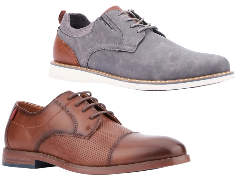 a men's brown oxford style dress shoe and a grey and brown suede oxford style dress shoe