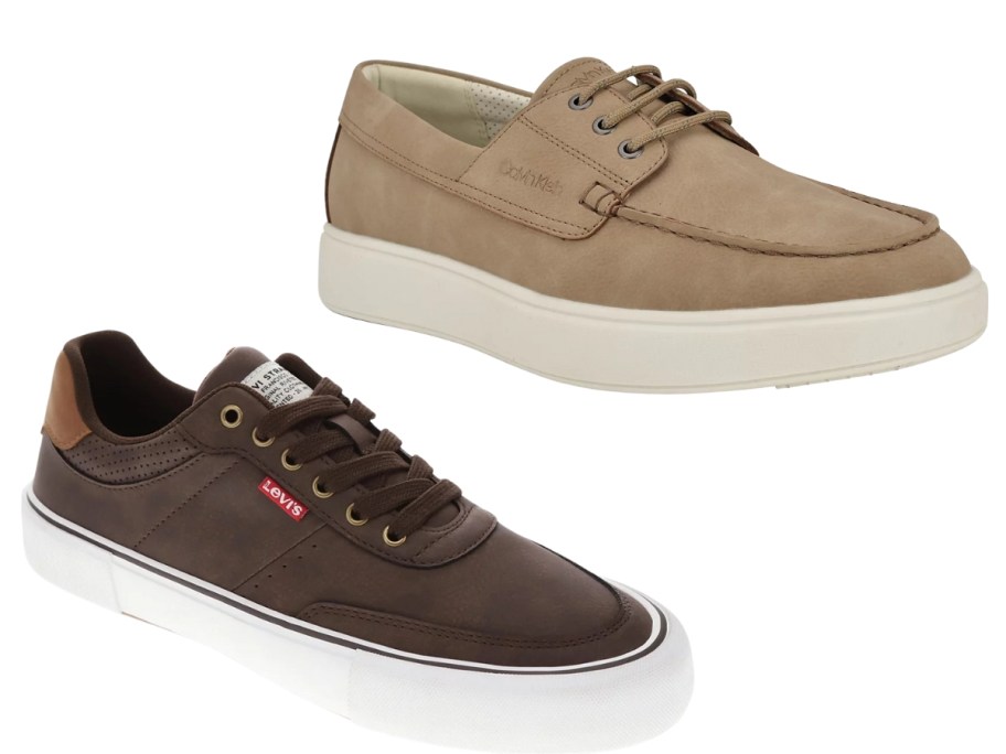 a men's tan boat style shoe and a men's brown sneaker