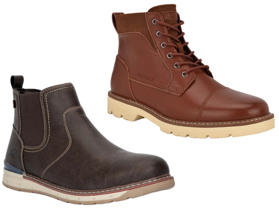 a men's brown boot and black slip on chukka style boot