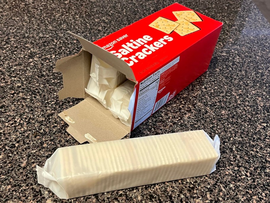 Amazon Saver saltine crackers box on a counter