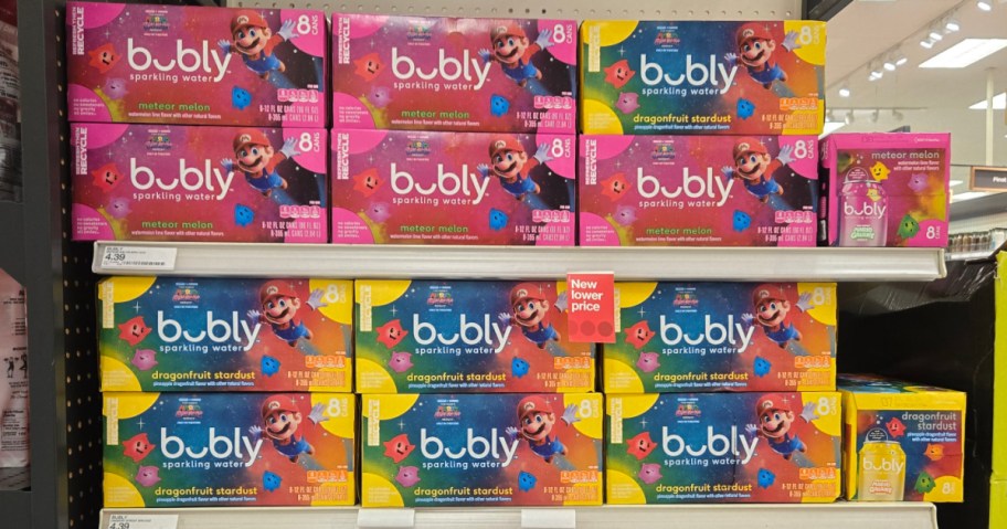 Shelves displaying boxes of bubly sparkling water in various flavors, featuring Super Mario designs, with visible pricing.