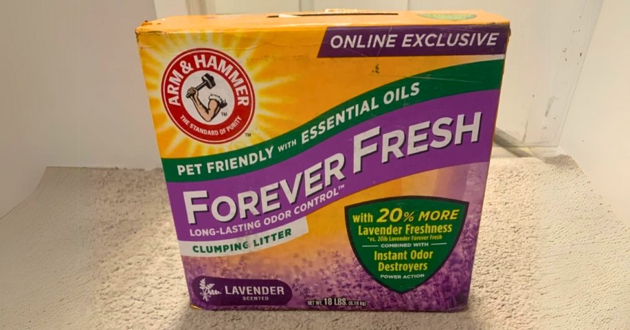 a large box of Arm & Hammer Forever Fresh Lavender Clumping Cat Litter