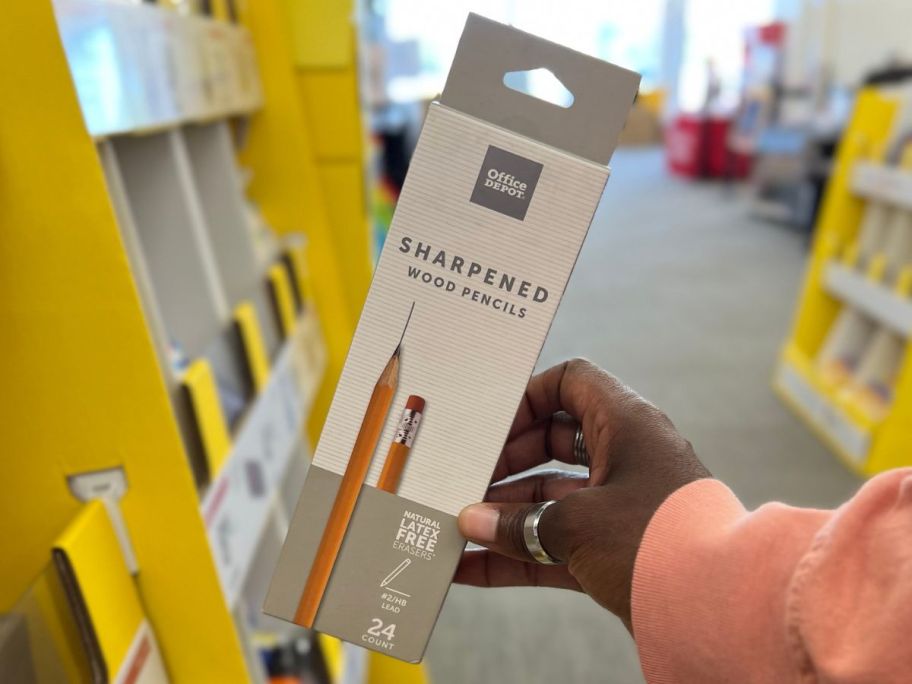 Hand Holding a box of Office Depot Pre-Sharpened Wood Pencils