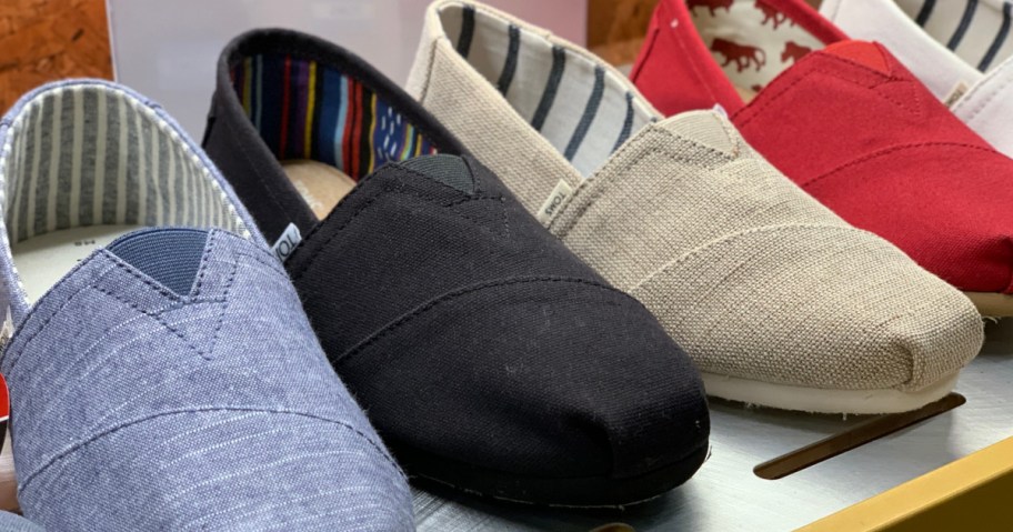 Different colored Tom's canvas shoes on display in store shelf