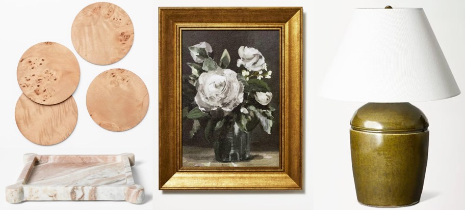 coasters, tray, wall art, and lamp