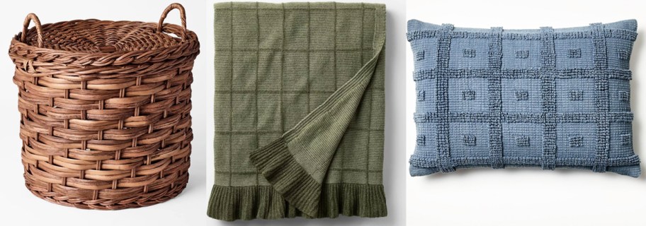 basket, throw blanket, and throw pillow