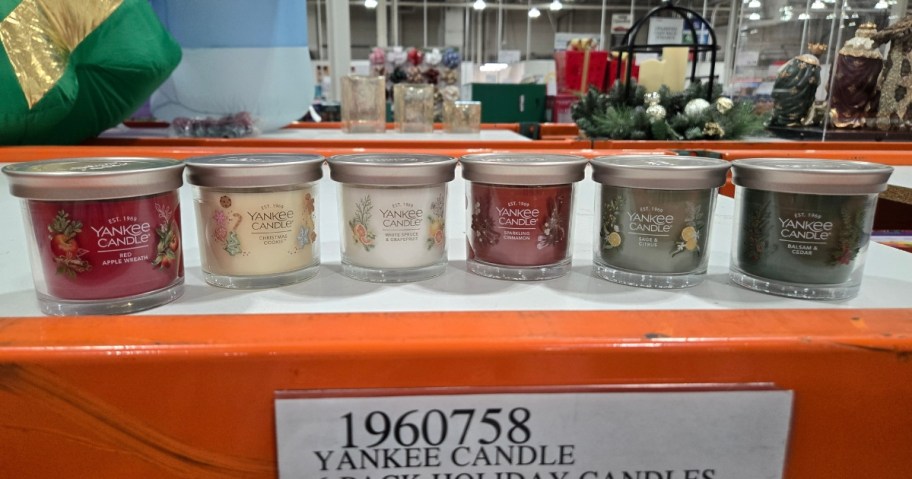 a 6 piece Yankee Candle holiday set on a shelf at Costco