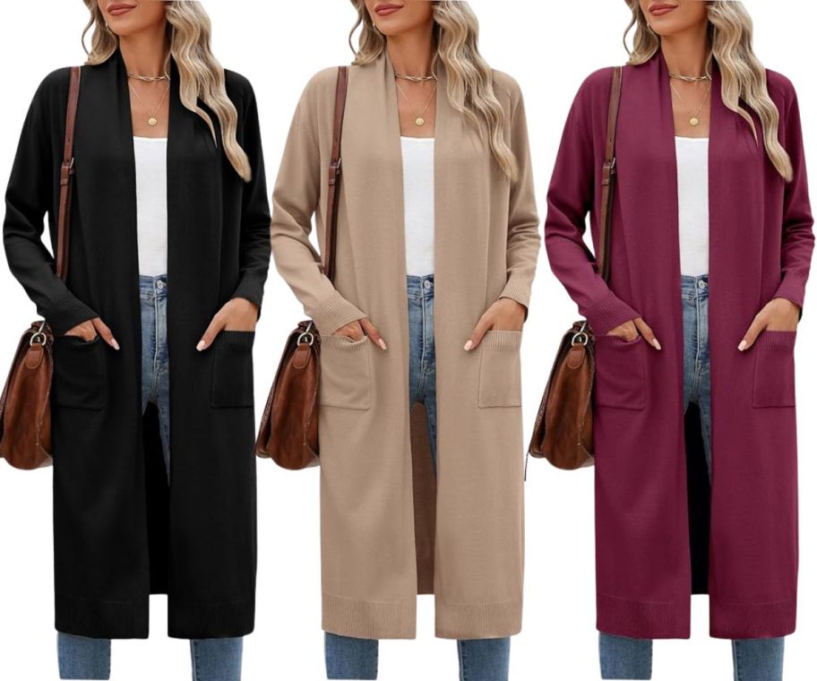 3 women wearing A woman wearing a long cardigans