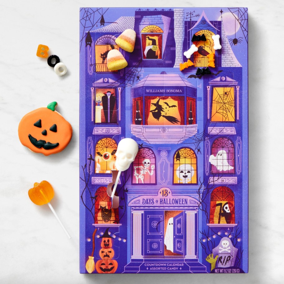 purple halloween box with gummies and cookies