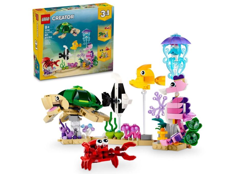 LEGO Creator 3 in 1 Sea Animals Toy Building Set box and 3 builds