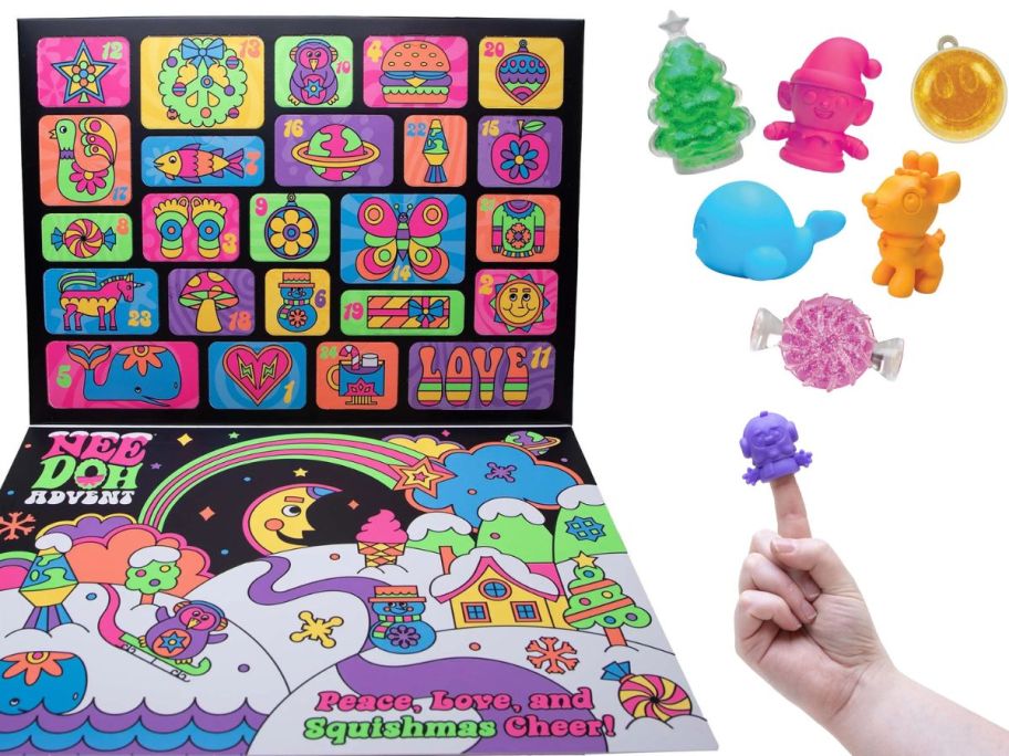 An open Needoh Advent calendar with assorted squishies