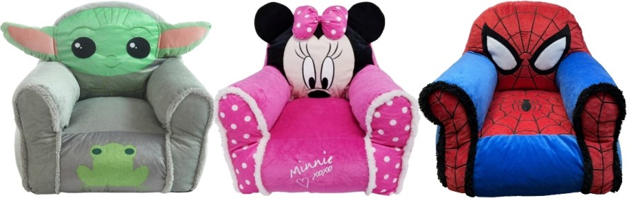 grogu, minnie mouse and spider-man bean bag chairs