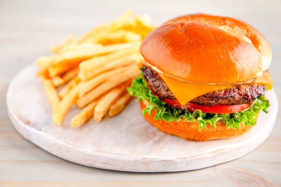 burger and fries on white plate