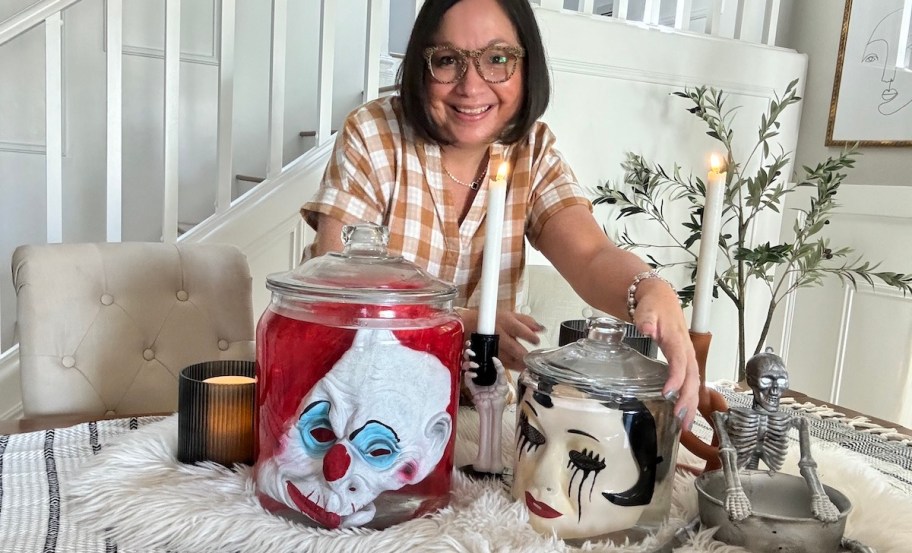 woman smiling with clear face masks in jar on dining table