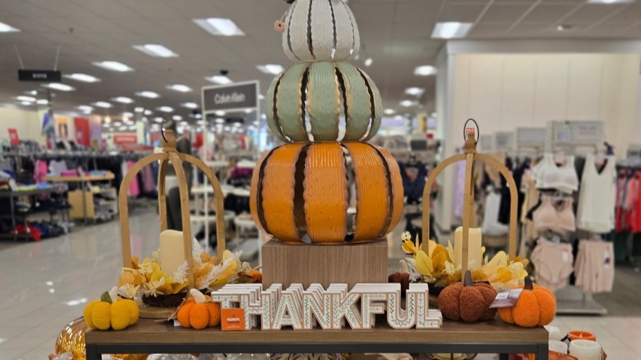 various fall decor pieces on a store display table