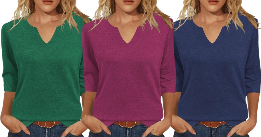 3 women wearing different color 3/4 length sleeve tops and jeans