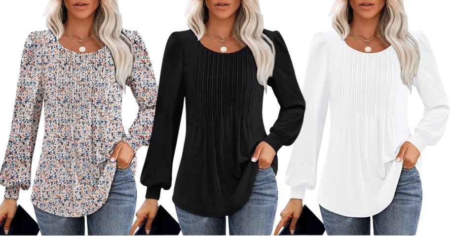 3 women wearing long sleeve tops in different colors