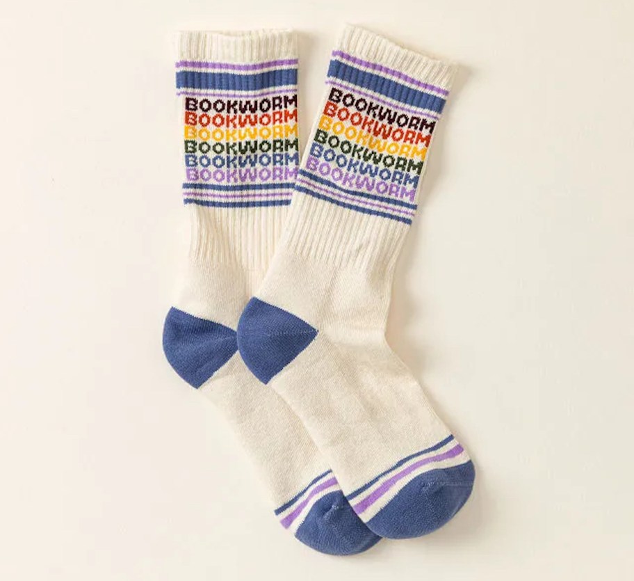 pair of bookworm rainbow socks