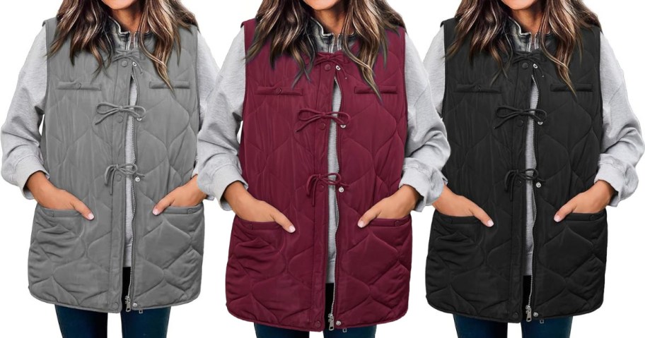 Stock images of 3 women wearing Ecowish Quilted Puffer Vests in Gray, Burgundy and Black