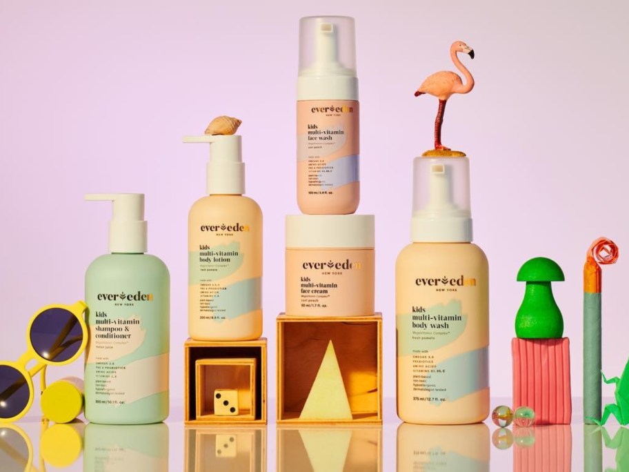 various bottles and containers of Evereden kids skin care and bath products