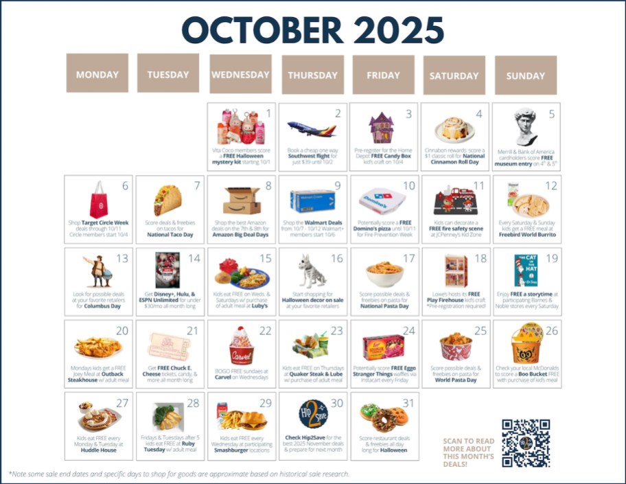 october 2025 calendar with sales deals and freebies on each day
